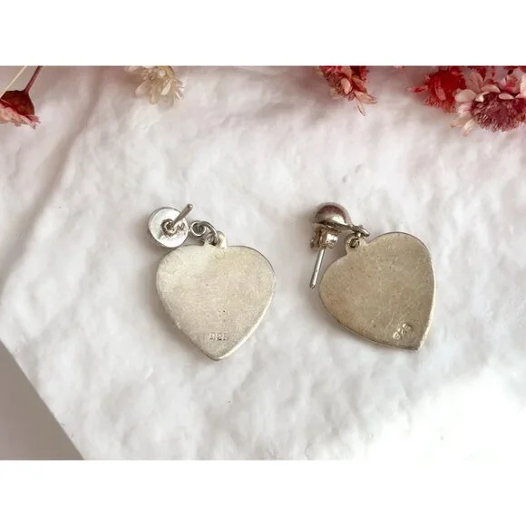 Heart Shaped Hand Carved Vintage Sterling Silver 925 Dangling Earrings - Picture 12 of 12